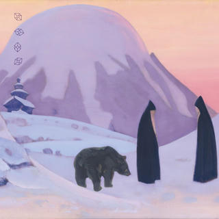 Painting of two monks and a bear on a snowy landscape